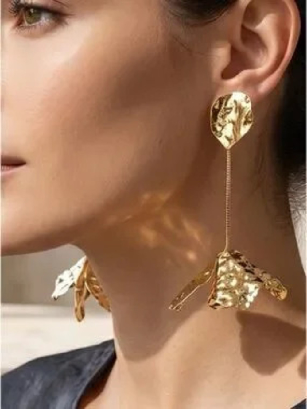 Gold Hammered Metal Petal Drop Statement Earrings (8520)